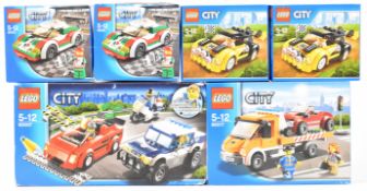 Six Lego City sets comprising High Speed Chase 60007, Flatbed Truck 60017, two Rally Car 60113 and