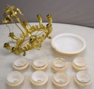 Gilt metal eight branch chandelier with carved alabaster shades, overall height 78cm, diameter 90cm