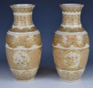 Pair of Japanese Satsuma vases with floral cartouches, jewelled and enamelled decoration, H26cm