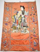 Early 20thC Chinese embroidered silk wall hanging with figural decoration, 146 x 210cm