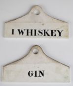 Ceramic I Whiskey (Irish Whiskey) and Gin spirit labels / tickets by L. Lumley & Co Ltd, London, W14