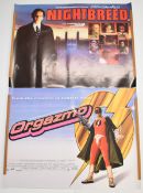Two British quad film posters comprising Orgazmo (1997) and Clive Barker's Nightbreed (1990), both