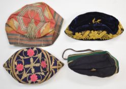 Four Eastern embroidered hats, Chinese, Caucasus etc