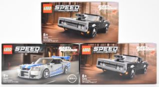 The Lego Speed Champions Fast & Furious sets comprising two 1970 Dodge Charger R/T 76912 and
