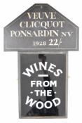 Veuve Clicquot Ponsardin NV 1928 22/- hand painted wooden sign, 35 x 66cm, together with a framed '