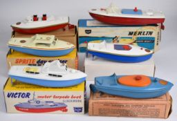 Six Sutcliffe Models tinplate clockwork and battery operated speedboats, cruisers and similar to