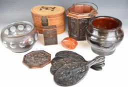 Collection of Eastern vessels, carved wood dressing table set, copper lined carved wood food