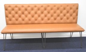 Contemporary leather Chesterfield bench or sofa raised on pin legs, W170 x D60 x H92cm We are
