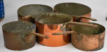 Five 19th / 20thC copper saucepans, various makers including Carlton, La Fontaine Brothers, A & N