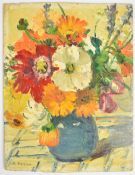 Dorothea Sharp ROI, RBA (1873-1955) oil on board flowers in a blue vase, signed lower left, label to