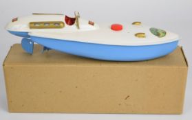 Sutcliffe Models tinplate clockwork 'Bluebird' speedboat, in fitted box with key.