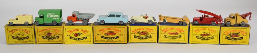 Eight Matchbox Moko Lesney diecast model cars comprising numbers 6, 7, 9, 13, 14, 16, 17 and 19, all