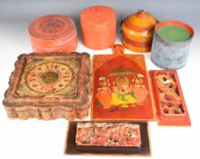 Collection of Indian lacquer and other boxes, carvings etc, tallest item 40cm