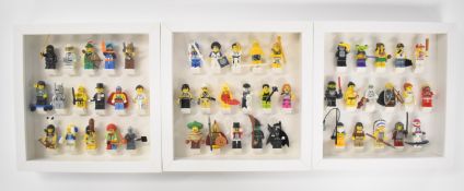 Three Lego minifigure sets comprising series 1, 2 and 3, complete in custom display frames, 25 x