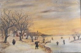 R. Van Staaten (Dutch 19th / 20thC) oil on board of children ice skating, 40 x 60cm, in ornate