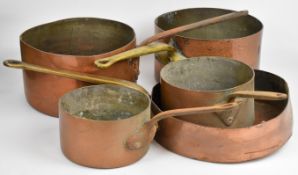 Five 19th / 20thC Leon Jaeggi copper saucepans / pans, largest diameter 35 x height 17cm