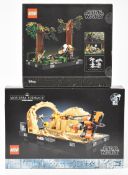 Two Lego Star Wars diorama sets comprising Endor Speed chase 75353 and Mos Espa Podrace 75380,