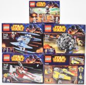 Five Lego Star Wars sets comprising Jedi Interceptor 75038, V-Wing Starfighter 75039, Vulture