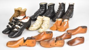 Six pairs of Victorian / Edwardian evening and later children's shoes and some mahogany cobbler