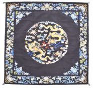 19th / 20thC Chinese embroidery panel of two dragons chasing a flaming pearl, 72 x 70cm