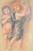 Pre-Raphaelite pastel drawing of two young cherubs wrapped in draped cloth, image 22 x 15cm, in a