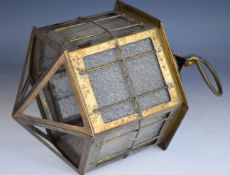 Arts and Crafts style hexagonal electric hanging light with textured glass panels, some loose but