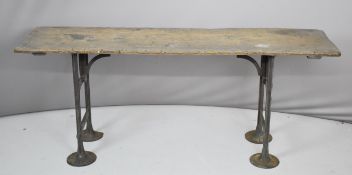 19th / 20thC elm and cast iron shopfitting / industrial elm single plank bench / trestle or low