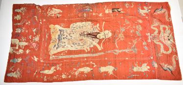 19th / 20thC Chinese embroidered silk bed cover with figural dragon, flora and fauna decoration, 280