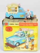 Corgi Toys diecast model Wall's Ice Cream Van on Ford Thames with blue body striped canopy roof,