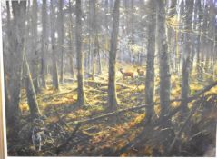 Mick Cawston (1959-2006), oil on canvas, deer in woodland with a man and his dog stalking them,
