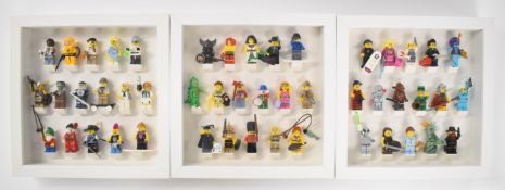 Three Lego minifigure sets comprising series 4, 5 and 6, complete in custom display frames, 25 x