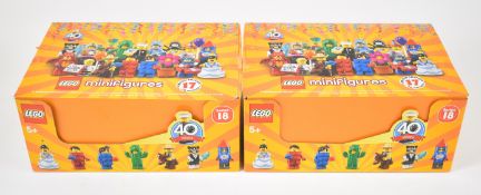 Two Lego minifigures series 18 boxes, each containing 60 sealed bags, 71021, 2018.