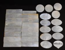 Twenty nine mother of pearl gaming and other counters, with engraved decoration, one with '