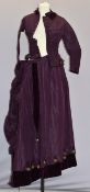 Victorian maroon dress / bodice with skirt, with velvet trim, bustle and sequined buttons