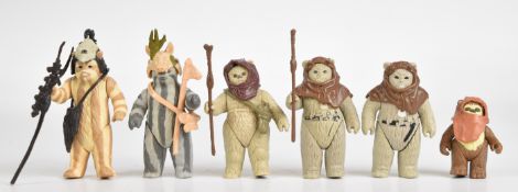 Six vintage Star Wars Ewok action figures by Kenner comprising Warok, Wicket, Teebo, Logray and