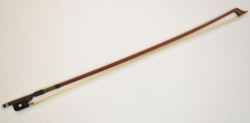 G Rudi Steinel stamped Pernambuco cello bow with ivory tip, ebony frog, mother of pearl inlay and
