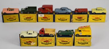 Ten Matchbox Moko Lesney diecast model cars comprising numbers 32, 38, 39, 40, 41 42, 44, 45, 47 and