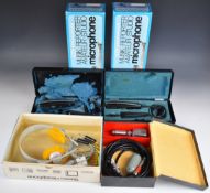 Two Sennheiser MD 412 LM directional studio microphones, HD 414 headset and a vintage ferrograph