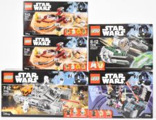 Five Lego Star Wars sets comprising Imperial Assault Hovertank 75151, Duel on Naboo 75169, Yoda's