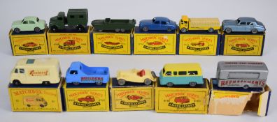 Eleven Matchbox Moko Lesney diecast model cars comprising numbers 19, 44, 51, 55, 57, 60, 62, 65,