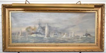 H E Frecker WW1 interest oil on canvas maritime battle scene The Fifth Battle Squadron at 'Windy