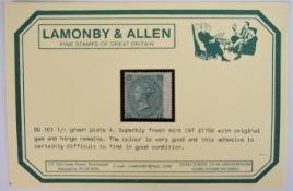 GB SG101 1/- green PL4 mint , OG still on purchasing card