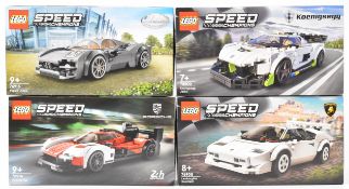 Four Lego Speed Champions sports car sets comprising Lamborghini Countach 76908, Porsche-963