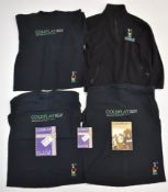 Coldplay tour ephemera comprising three crew member t-shirts, fleece and three itineraries.