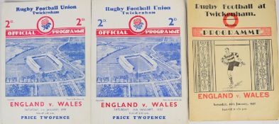 Three Rugby Football Union official and souvenir programmes for England v Wales, comprising two