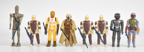 Eight vintage Star Wars Bounty Hunter figures by Kenner comprising Boba Fett, Bossk, IG-88, 4-Lom,