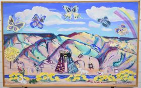 Phyllis Kapp (American, born 1930) acrylic on canvas abstract landscape with part rainbow and