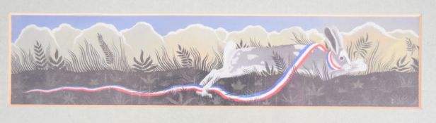 Kit Williams (born 1946) gouache on board, hare trailing tricolour ribbon, possibly an early version