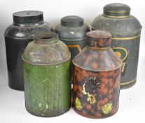 Five 19thC toleware large shop display / advertising tea caddies, one drilled for a light fitting