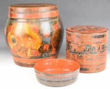 Indian covered wooden wire bound barrel and a lacquered layered container, tallest 32cm